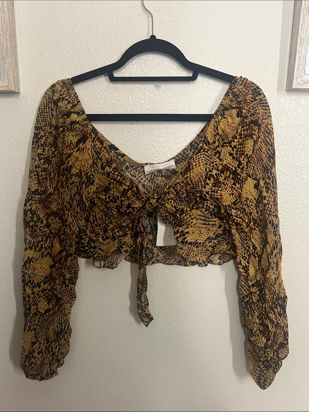 American Threads Snake-Print Tie Front Crop Top - Mustard/Brown